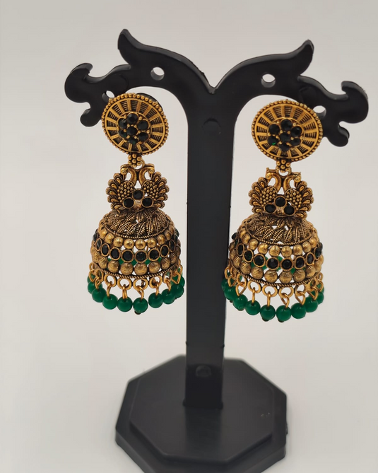 Green Bead Jhumka Earrings-RC330002