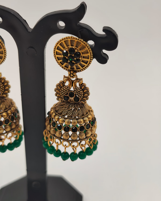 Green Bead Jhumka Earrings-RC330002