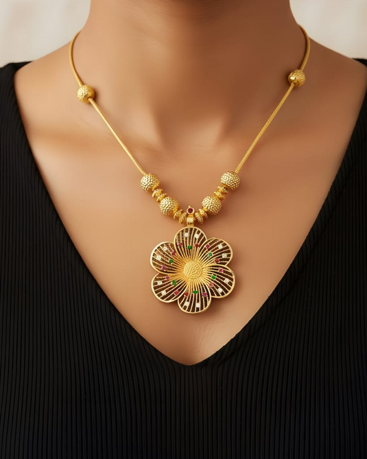 Premium Floral Gold Covering Necklace green, pink, and white-SG2200010